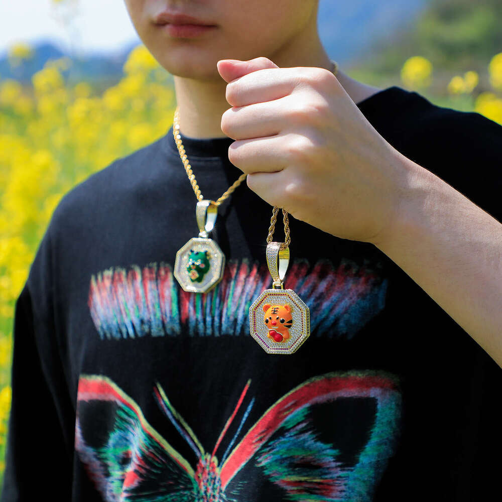 National Trend Hip-Hop Year Dragon Tiger Necklace Full Zircon Oil Painting Mini Zodiac Pendant Gold Jewelry