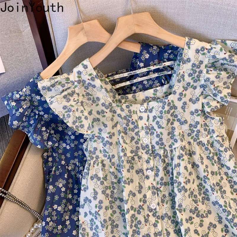 Korean Sweet Women Shirt Square Collar Flying Sleeve Blouses Crop Tops Ruffles Floral Summer Blouse 2025 Camisas De Mujer 27x451