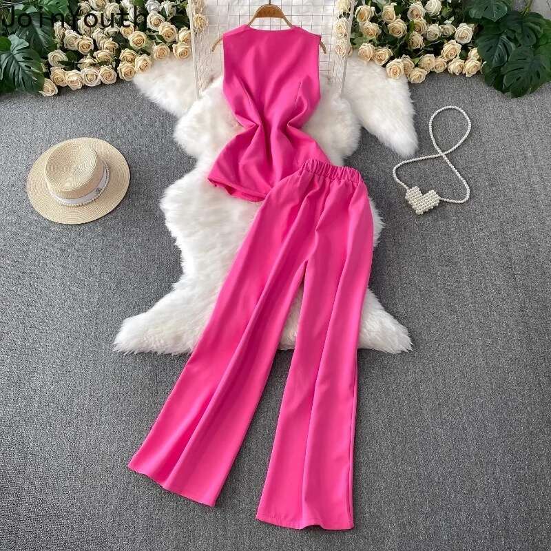 Fashion 2 Piece Set Women Clothing Sleeveless V-neck Ruffles Vest High Waist Wide Leg Pants Suit Temperament Korean Summer Suit