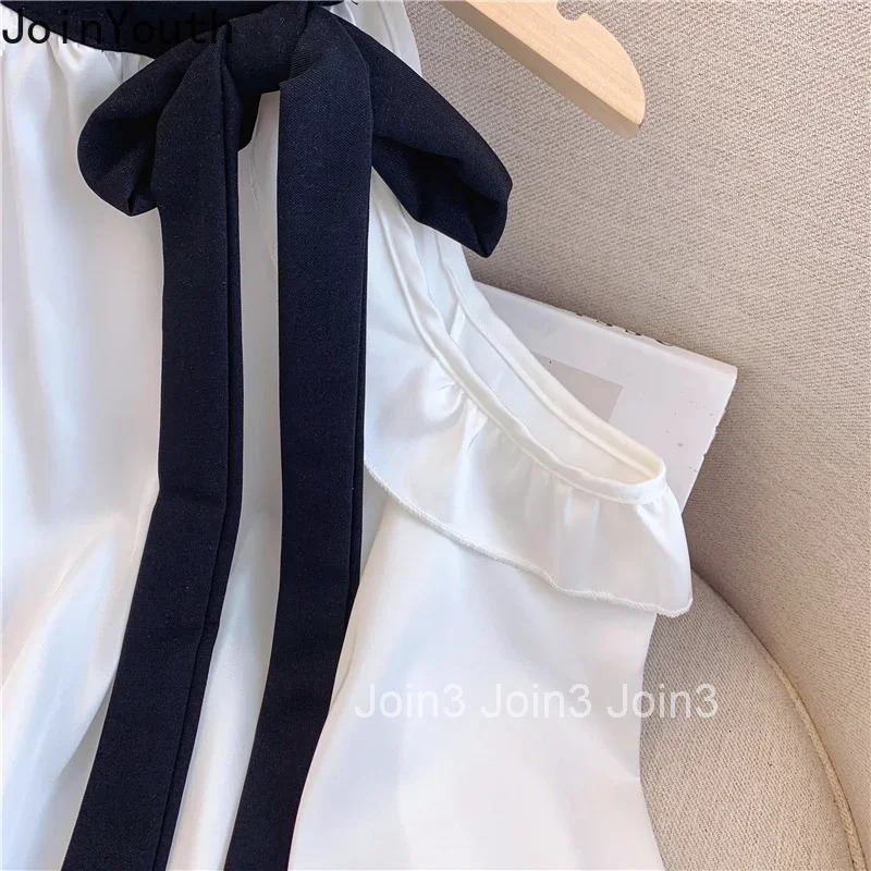 Camisas De Mujer 2025 Korean Blouse for Women Long Sleeve Off Shoulder Bandage Bow Sweet Shirts Loose Ruffles Bow Summer Tops