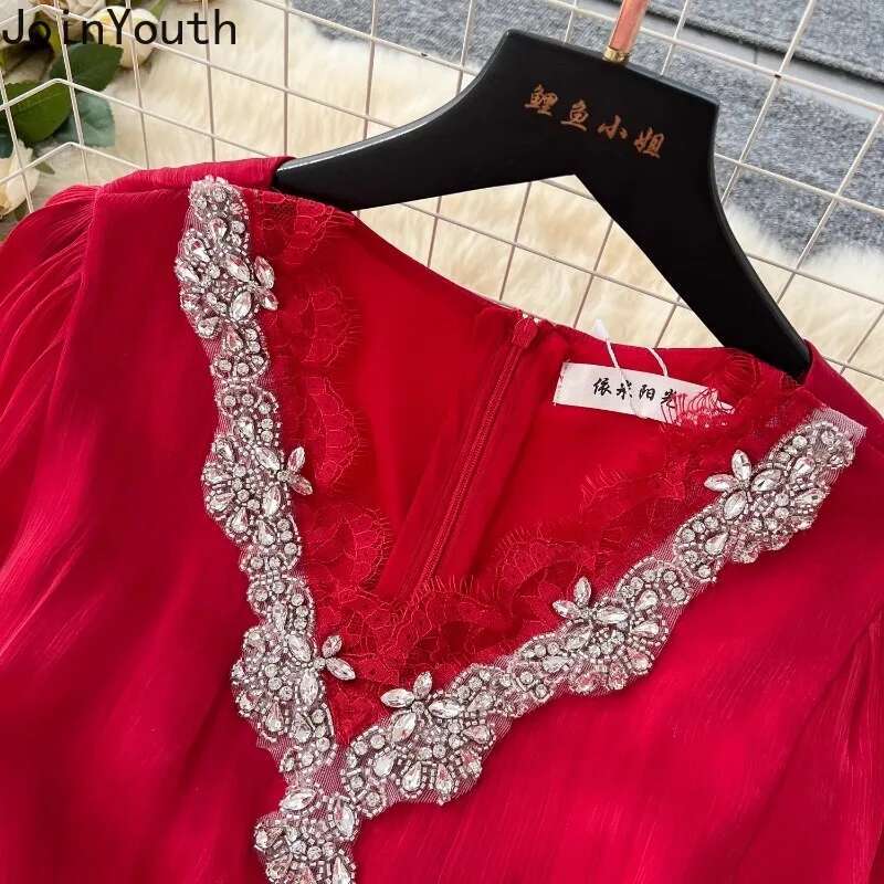 Korean Maxi Dress Women High Waist Vintage Vestidos De Mujer Elegant Heavy Diamonds Dresses V Neck Slim Waist Ruffles Robe Femme