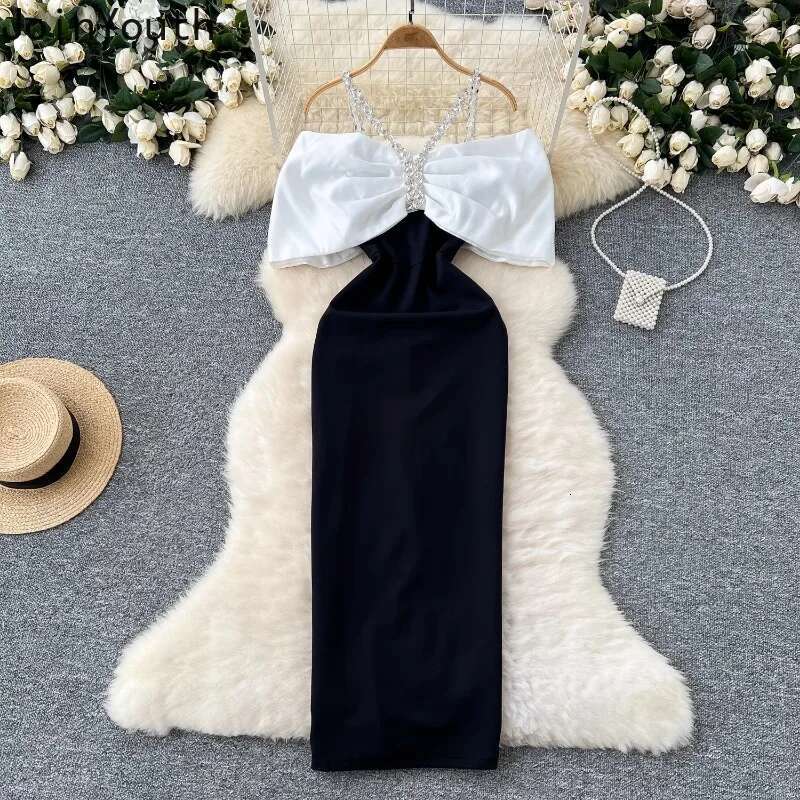 Sexy Party Dresses Women Korean Temperament Robe Femme Slash Neck Diamond Tunic Bow Bodycon Maxi Dress 2025 Vestidos De Mujer