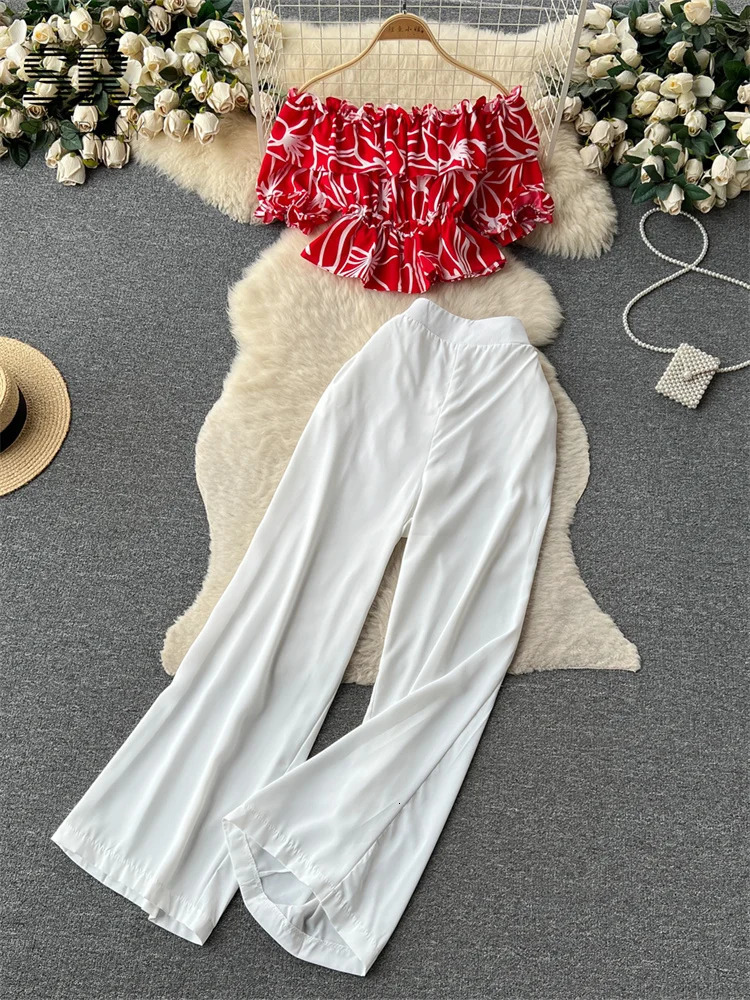 SINGREINY Fashion Two Piece Sets Women Ruffles Floral Print Shirt Elastic Waist Wide Leg Long Pants Korean Slim Summer Suit 250617