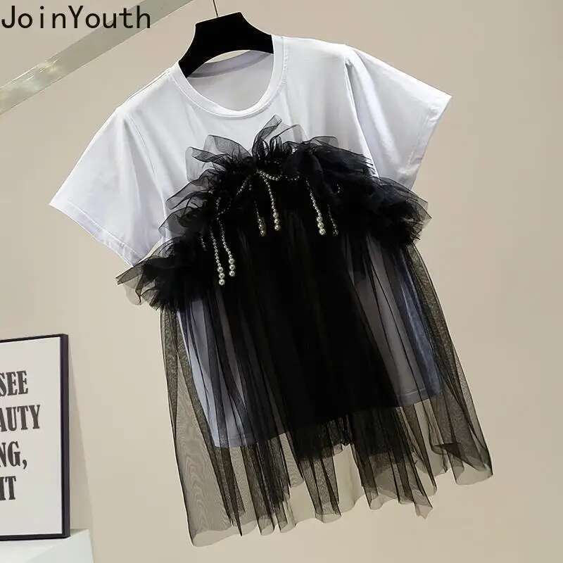 Women Clothing Summer T Shirts Short Sleeve O-neck Tees Fashion Fake Two Camisetas Patchwork Gauze Beading Ruffles Sweet Tshirt