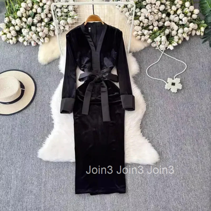 Chic Bodycon Woman Dresses 2025 Vestidos De Mujer V-neck Bandage Bow Slim Fit Robe Femme Vintage Velvet Black Temperament Dress