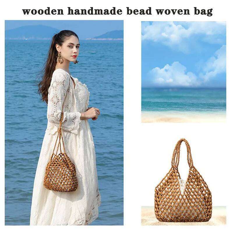 Designer straw bags Tote Bag Handmade Woven Women Handbag Exquisite Design Hollow-Out Wooden Beaded Shoulder Female