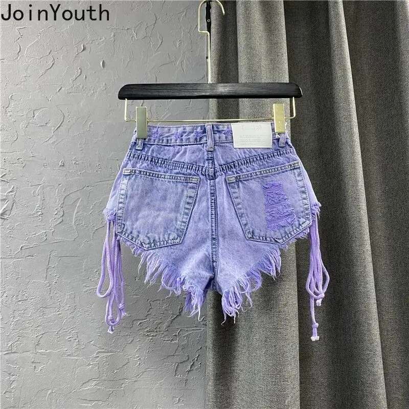 Single Breasted Denim Shorts Women 2025 New Bottoms Bandage Chic Tassel Y2k Wide Leg Shorts Summer Pantalones Cortos De Mujer