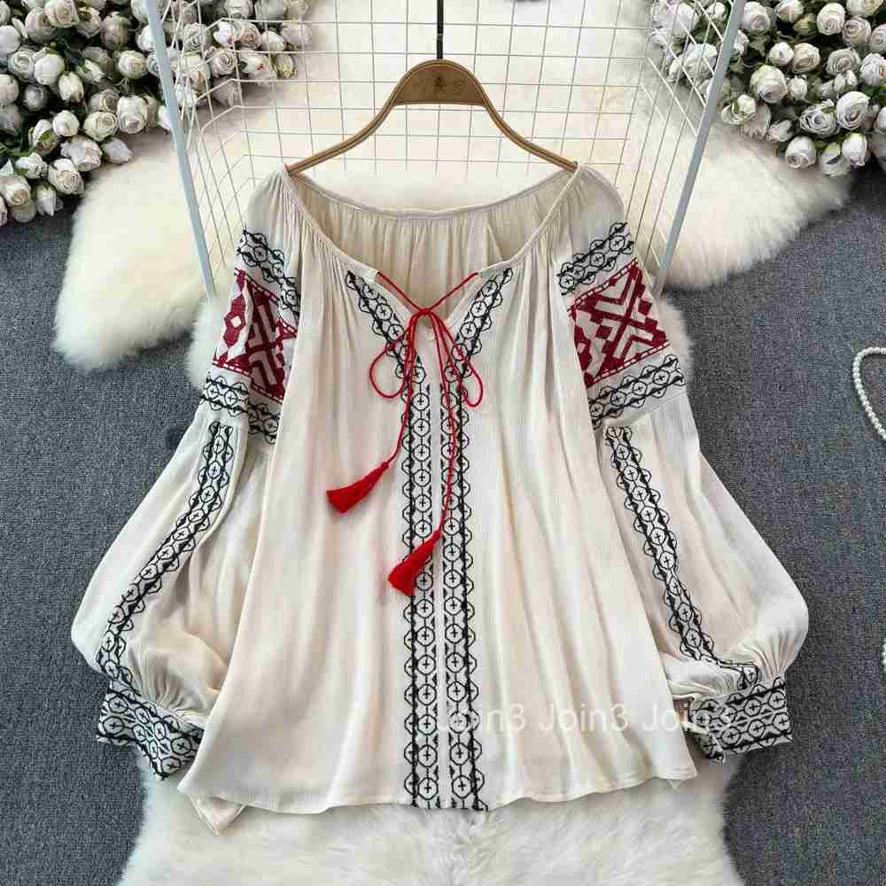 Vintage Shirt Womens Clothing Heavy Embroidery Temperament Blouses Loose Tops Bandage Tassel Summer Blouse Camisas De Mujer