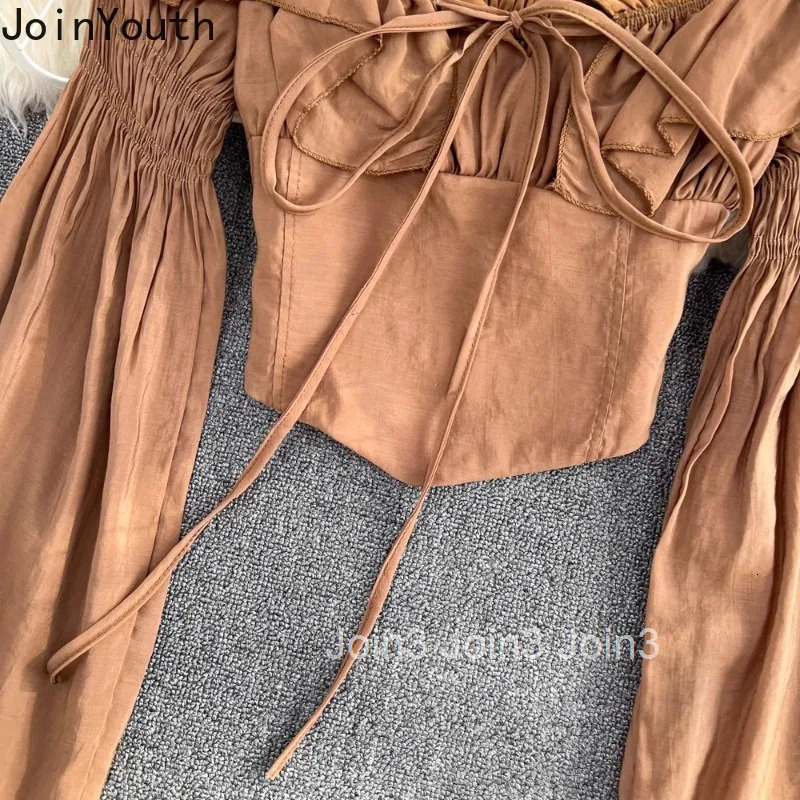 Crop Tops Solid Color Sexy Blouses Womens Clothing 2025 Blusas Mujer De Moda Slash Neck Flare Sleeve Bandage Chic Blouse Shirts