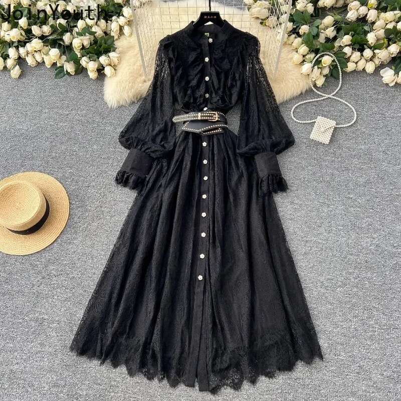 Single Breasted Vintage Woman Dress Slim Waist Robe Femme Patchwork Lace Lantern Sleeve Stand Neck Maxi Dresses Vestido Femme