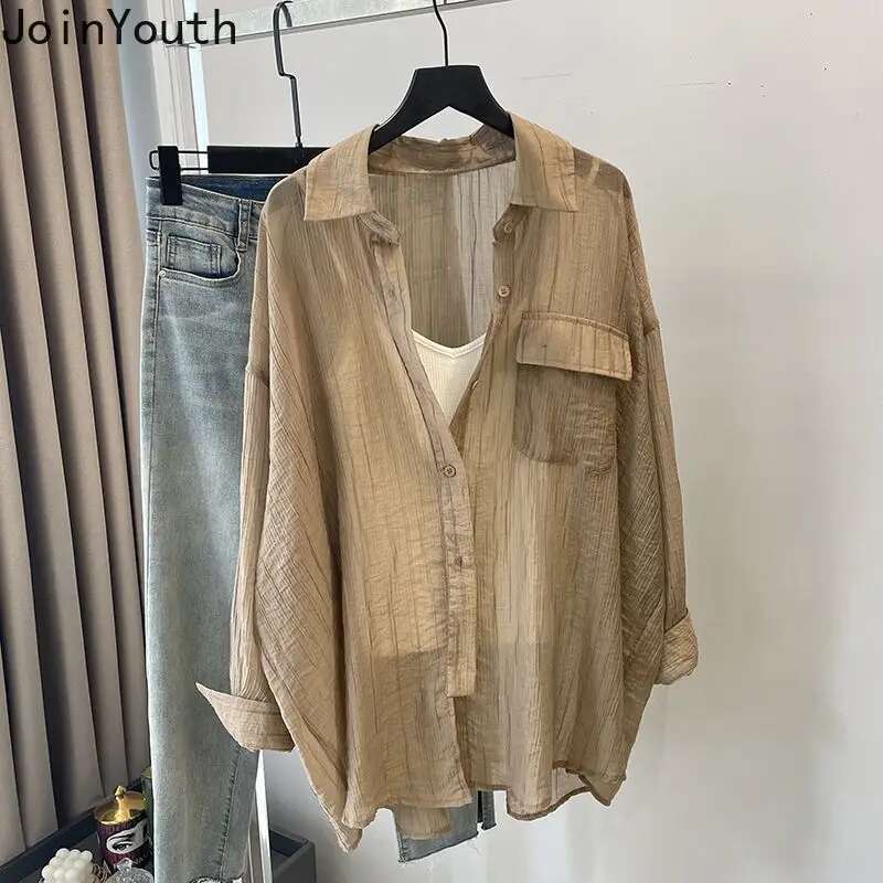 White Blouses for Women Oversized Tops Long Sleeve Korean Fashion Summer Shirts See Through Blouse Blusas Mujer De Moda 2025