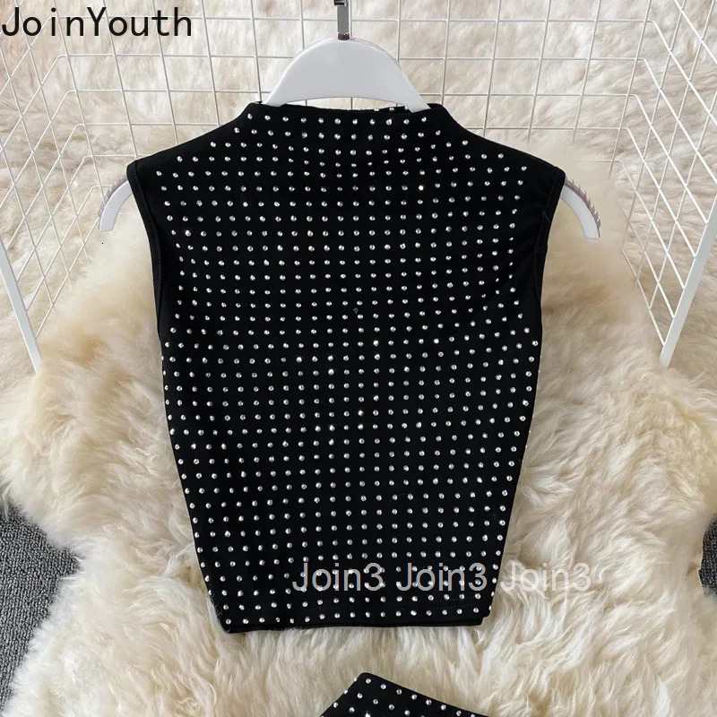 Temperament Two Piece Sets Womens Outifits Sleeveless Crop Tops Split High Waist Bodycon Skirt Suit Diamond Fashion Sexy Clothes