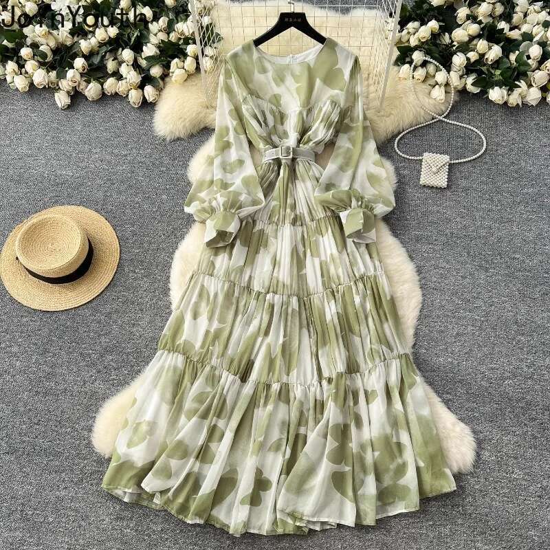Maxi Dress Women Summer Temperament Floral Robe Femme 2025 Vestidos De Mujer Bandage Slim Waist Floral Big Swing Chiffon Dresses