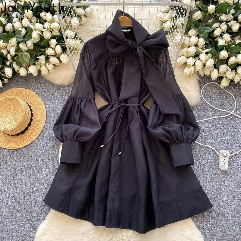 2025 Vestidos De Mujer Chic Dress for Women Solid Color Vintage Temperament Robe Femme Lantern Sleeve Bandage A-line Dresses