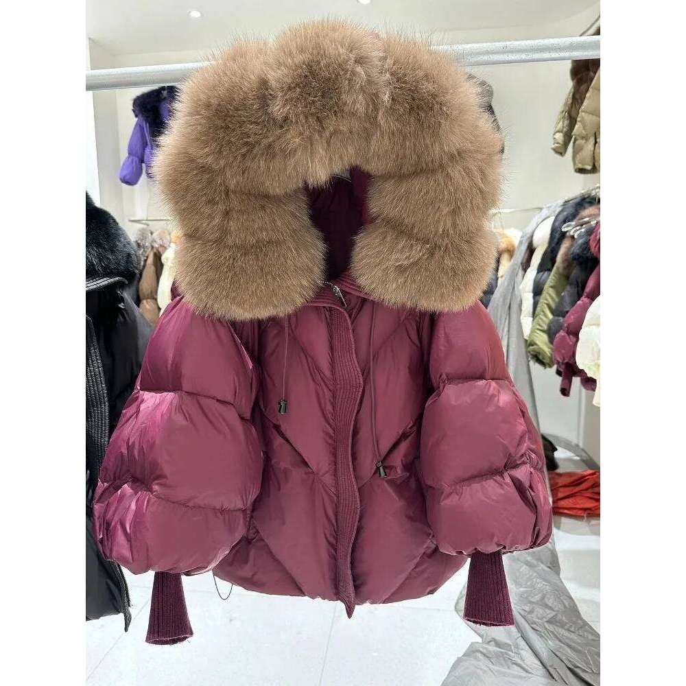 Designer Leisure High Quality OFTBUY 2025 New Winter Large Real Fur Hooded Puffer Jacket Women Thicken Warm Knitted Sleeve Coat White Duck Down Mid Lo