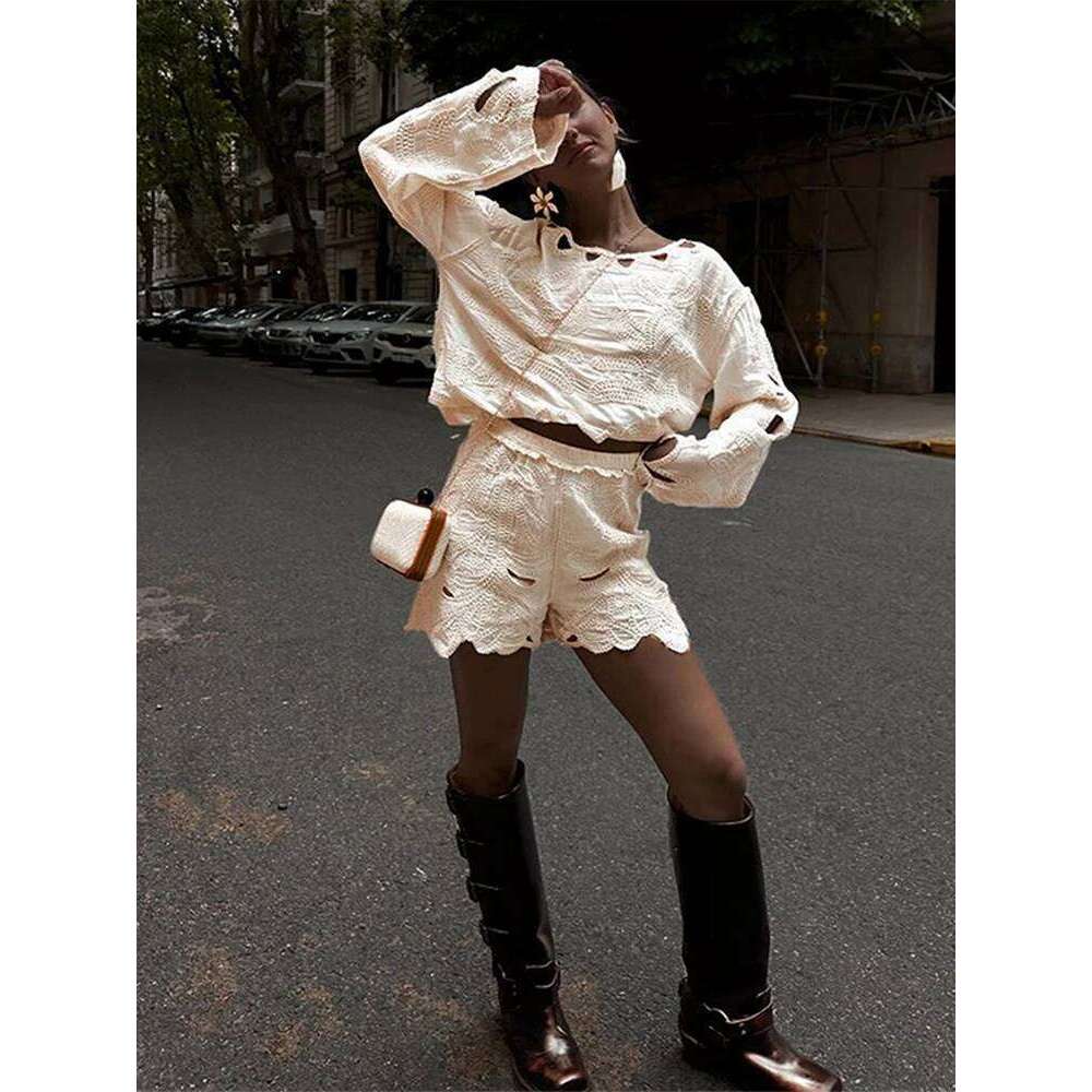 Hollow Out Embroidery Women Top Set Wave Cut High Waist Female Shorts Sets 2025 Spring O Neck Irregular Lady Vacation Outfits