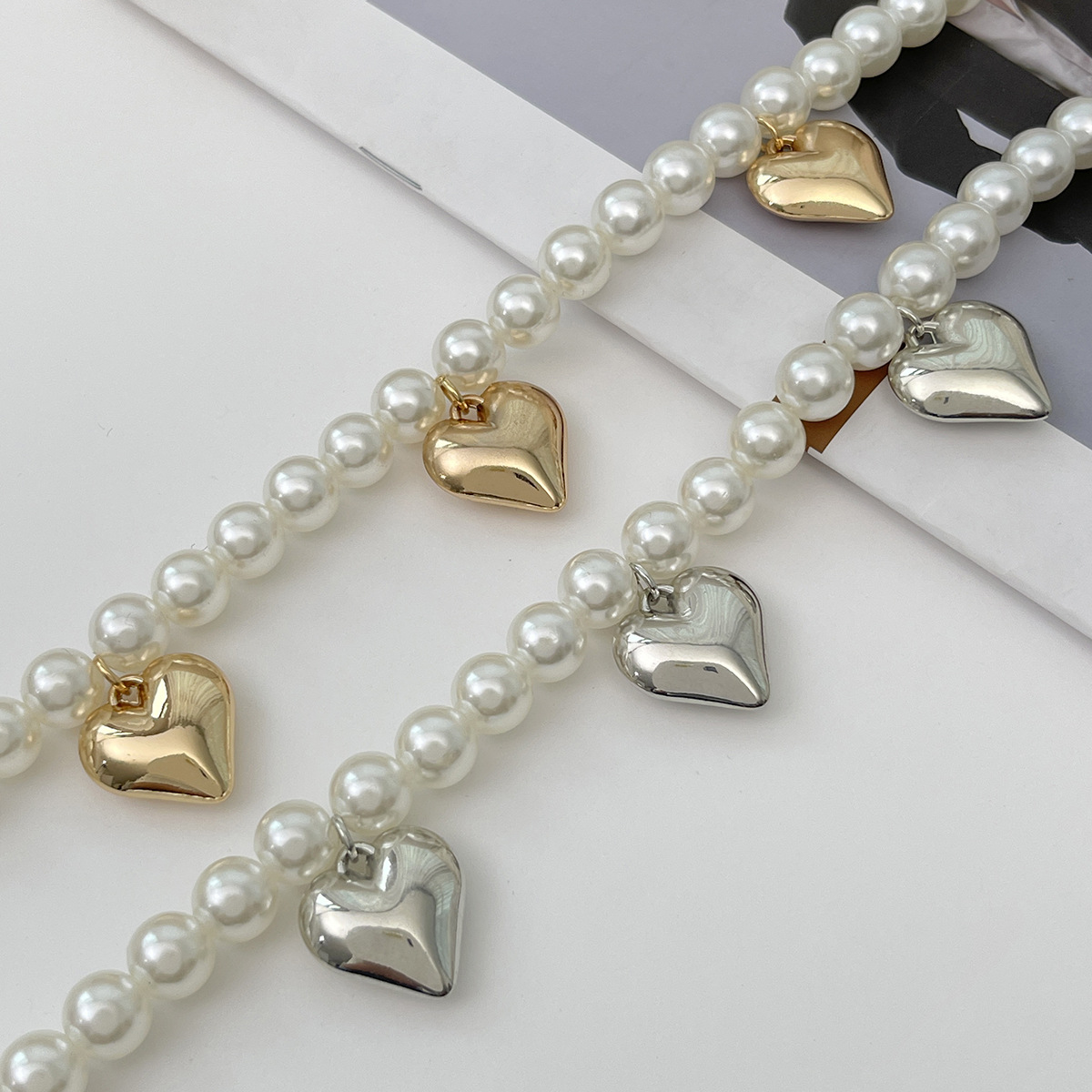 European and American Style Imitation Pearl Beaded Denim inspired Ankle Chain with High end Heart Pendant