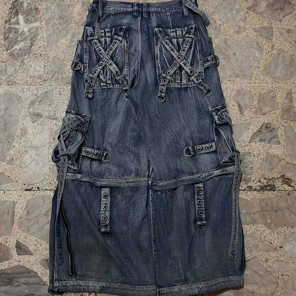 Retro Hip Hop Blue Y2k Cargo Pants with Large Pockets Zipper Baggy Straight Wide Leg Ripped Jeans Gothic Streetwear