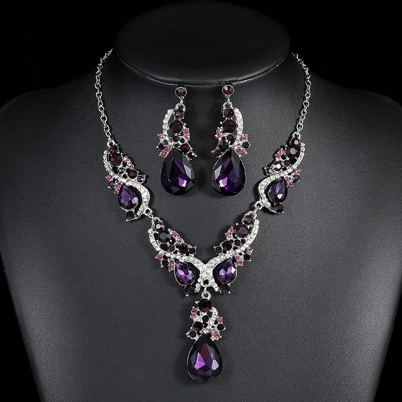 New Exaggerated Statement Necklace Earring Set Luxury Gemstones Natural Crystals with Cross Mirror Accents Perfect for Dresses