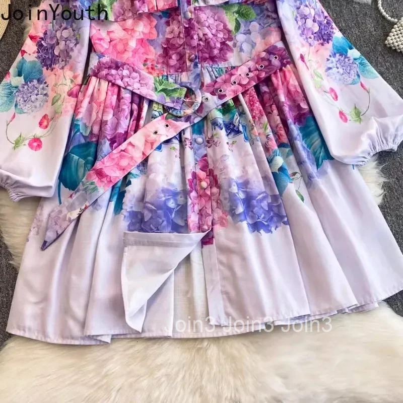 Temperament Woman Dress Floral Summer Robe Femme Stand Neck Lantern Sleeve Ruffles A-line Mini Dresses 2025 Vestidos De Mujer