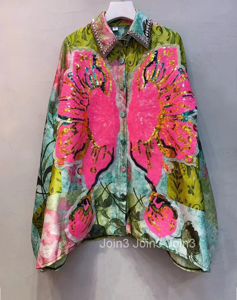 Floral Vintage Blouses for Women Summer Blusas Mujer De Moda Heavy Sequin Loose Shirts Vintage Korean Blouse Temperament Tops