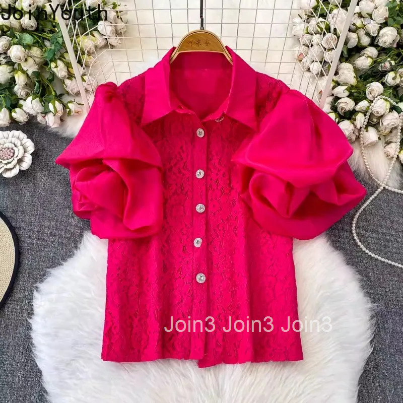 2025 Blusas Mujer De Moda Summer Blouses Womens Clothing Puff Sleeve Lace Hollow Out Shirts Slim Waist Vintage Blouse Tops