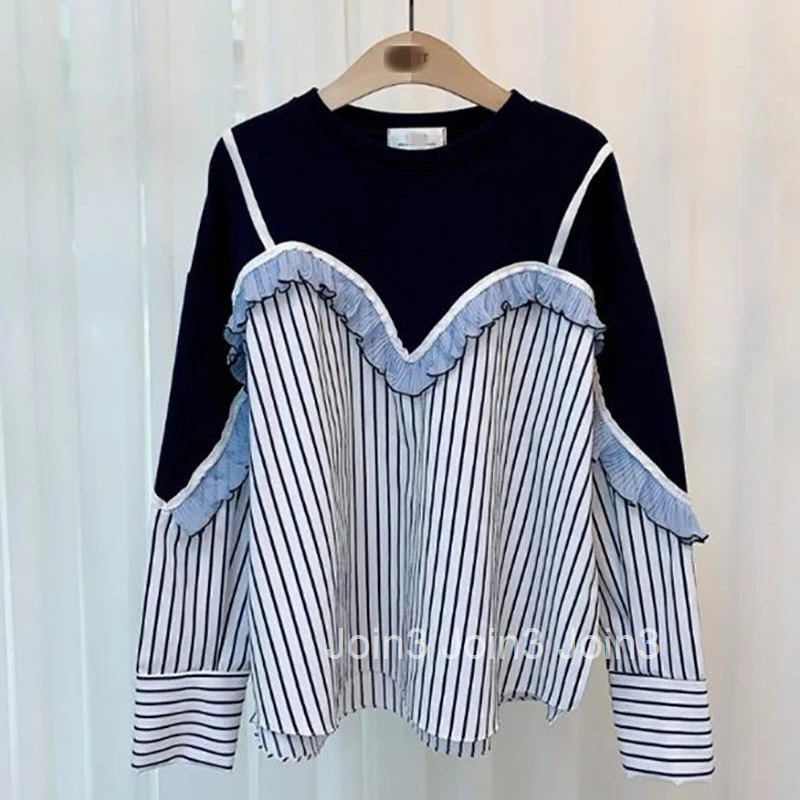 Korean Women Shirts 2025 Blusas Mujer De Moda Patchwork Striped Casual Blouses Fashion Fake Two Loose Ruffles Blouse Tops Femme
