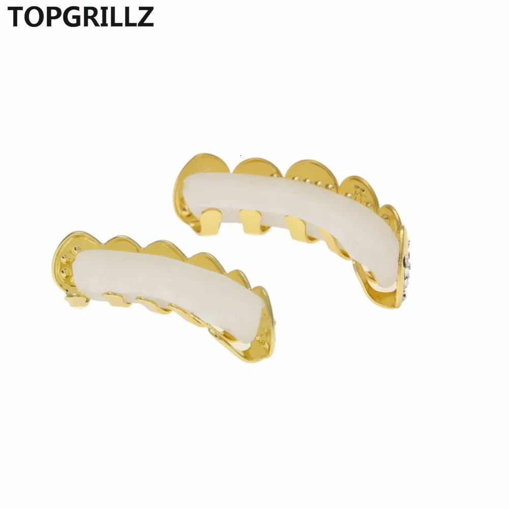 TOP Gold Color Plated Iced Out Letter CZ Stone Hip Hop Teeth For Mouth Caps Top Bottom Grills Set Classic tooth 250613