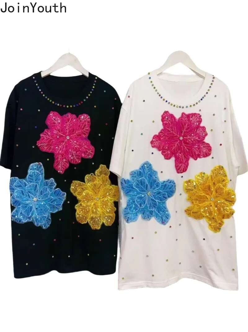 Summer Woman T Shirts Diamond 3D Floral Tees Fashion Korean Loose Camisetas 2025 Ropa Mujer Short Sleeve Casual Sweet Tshirt Top