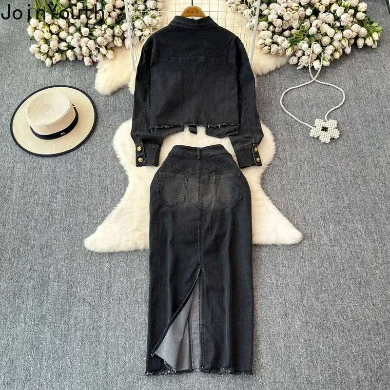 Denim Outfits Fashion Two Piece Sets for Womens Long Sleeve Lapel Neck Crop Coat High Waist Bodycon Skirts Suit Casual Y2k Set