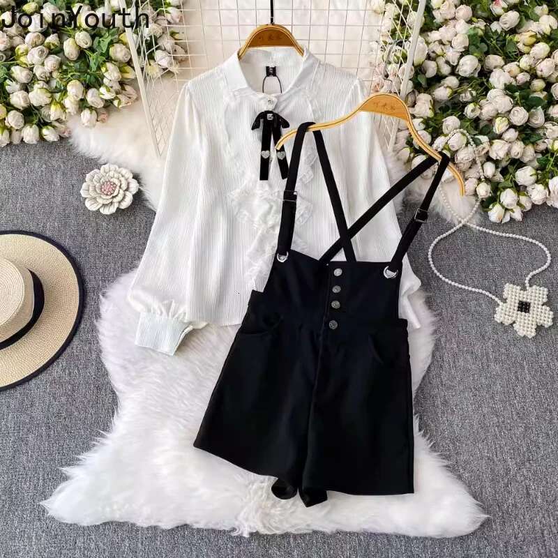 Womens Clothing Summer Two Piece Sets Lace Vintage White Shirt Strap and Jumpsuit Suit Fashion Korean Outfits 2025 Ropa Mujer