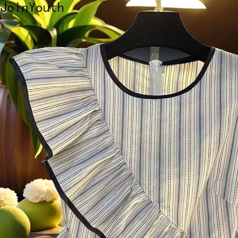 2025 Camisas De Mujer Summer Blouse Womens Clothing Flying Sleeve O-neck Shirts Crop Tops Fashion Striped Ruffles Sweet Blouses