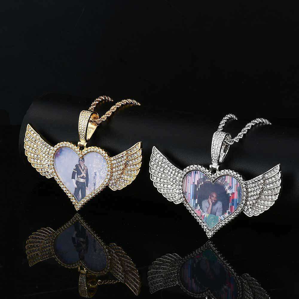 Hot Selling Hip-Hop Pendant Copper Inlaid Dia Heart Wings Zircon Solid Memory Photo Frame Necklace 4fbc