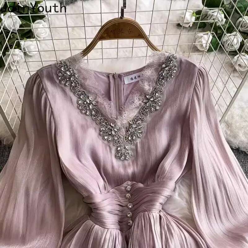 Temperament Robe Femme V-neck Flare Sleeve Dresses for Women 2025 Vestidos De Mujer Chic Diamond Ruffles Elegant Pleated Dress