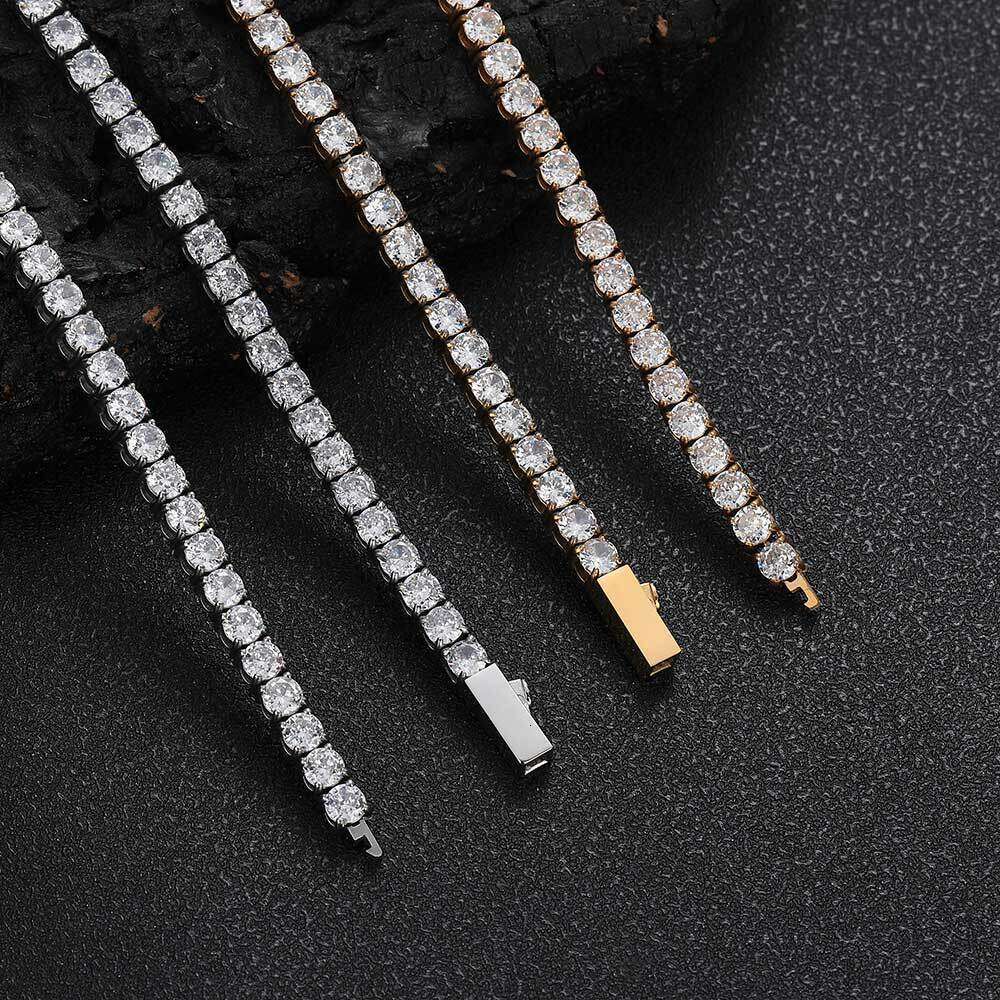 4mm Spring Buckle Stainless Tennis Chain Men's Necklace Titanium Steel Micro Paved Zircon Hip Hop Bracelet a65d
