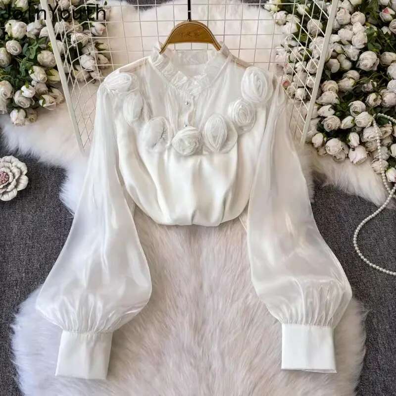 Korean 2 Piece Sets Womens Outfits 3D Floral Long Sleeve Blouse Heavy Beading Bodycon Mini Skirt Shorts Suit Fashion Summer Set