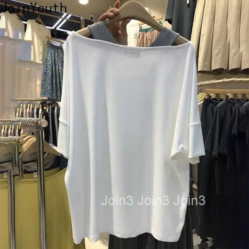 Fake Two T Shirts for Women Summer Fashion Tees Oversized T-shirt Y2k Tops 2025 Ropa Mujer Slash Neck Casual Korean Camisetas
