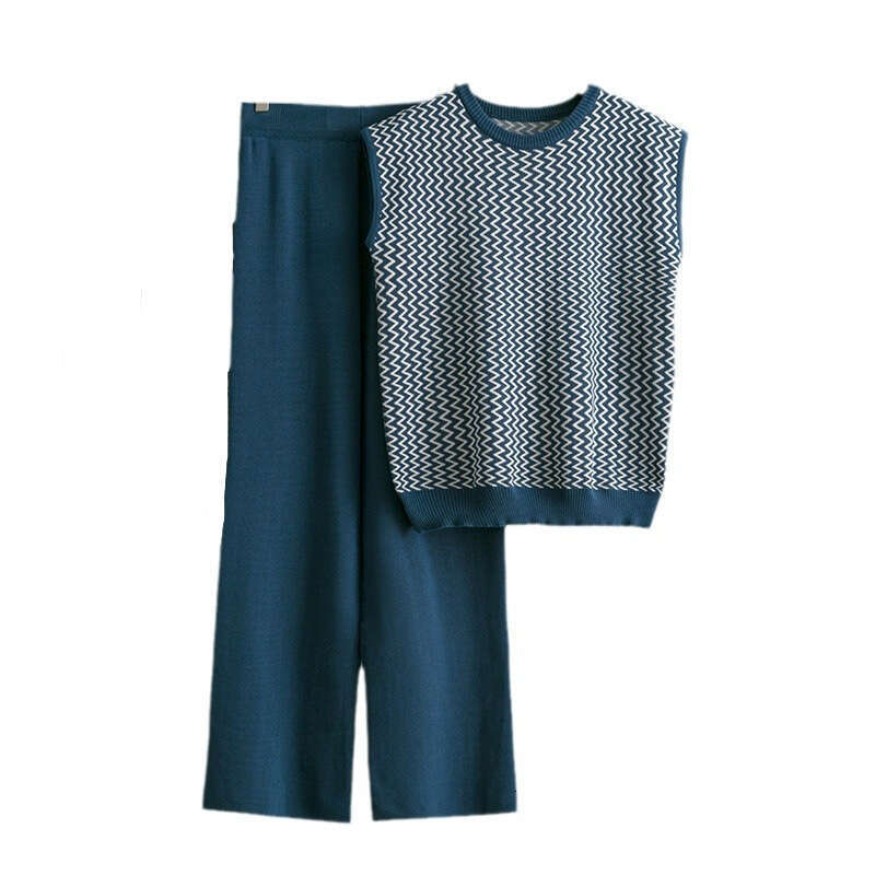 Fashion Set for Women New Sleeveless Striped Knit Top Two-Piece High-Waisted Straight-Leg Wide-Leg Pants