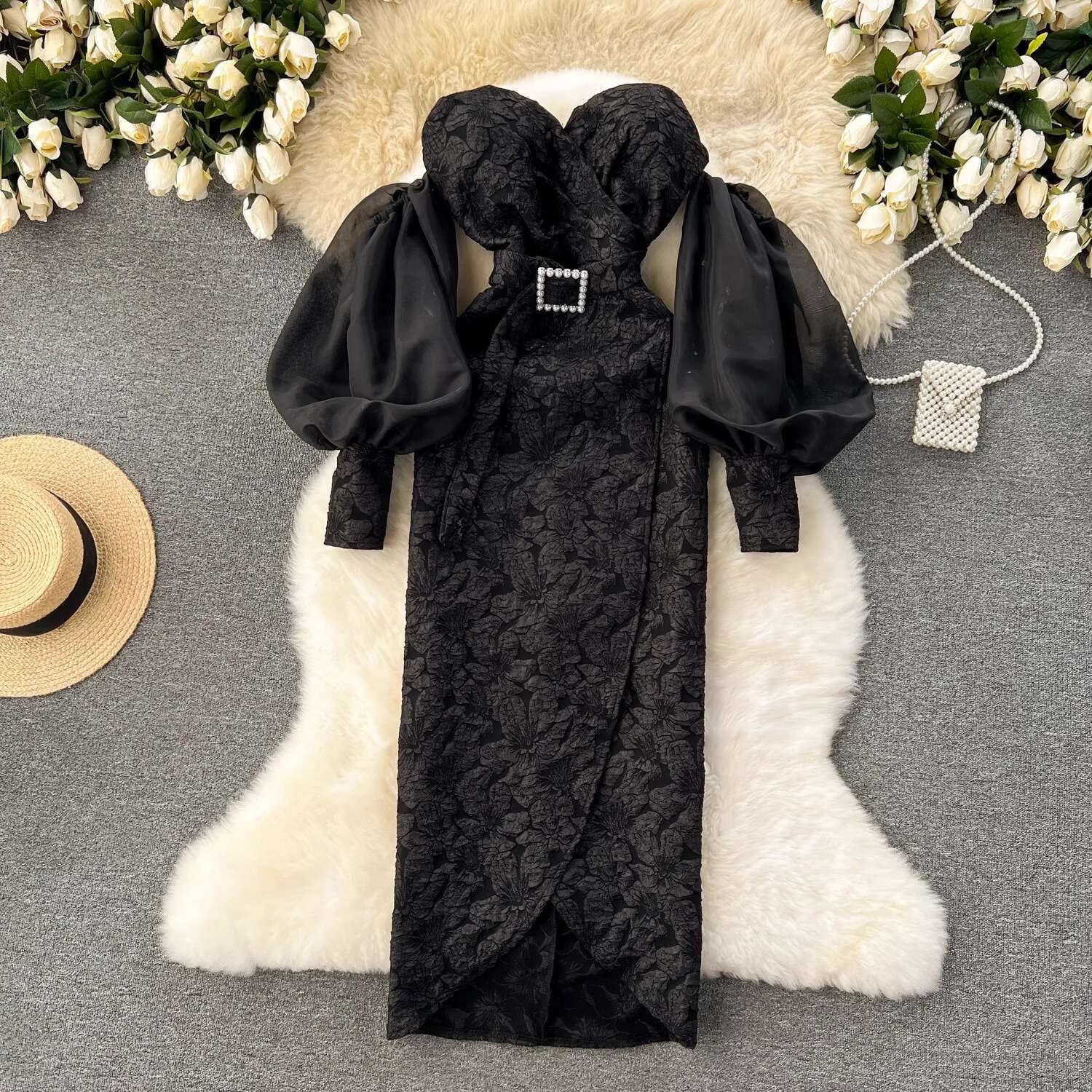 Sexy Off Shoulder Party Dress Strapless Lantern Sleeve Slim Women Clothes Evening Dresses Fashion Elegant Long Robe Vestidos