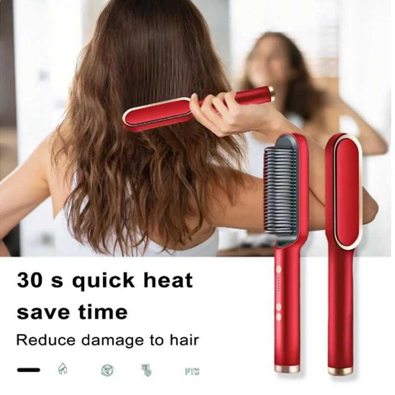 Hair Straightener Brush For Woman Hair Styling 2-In-1 Ionic Straightening Brush Hot Curler Comb With Anti-Scald Feature 5 TemperXJ250621