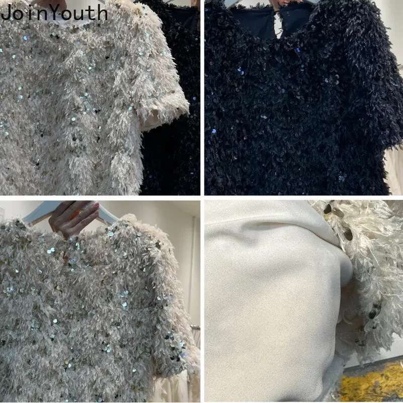 Summer Woman Tshirts O-neck Short Sleeve Tees Fashion Sequin Shirt Korean Tassel T Shirt Casual Cropped Tops Ropa Mujer
