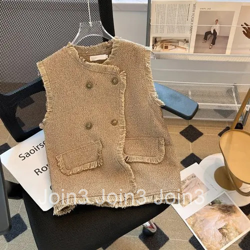 Sleeveless Cardigan Women Vest 2025 Ropa Mujer Double Breasted Vintage Waistcoat Fashion Korean O-neck Tweed Loose Tanks Tops