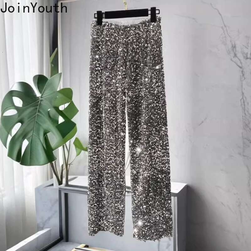 Heavy Sequin Wide Leg Pants Womens Clothing 2025 New Bottoms High Waist Tunic Straight Pantalon Femme Fashion Korean Trousers