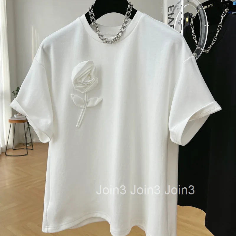 Women Clothing 3D Floral Cotton Tshirts Chic Summer Tees 2025 Ropa Mujer Short Sleeve O-neck T2k Tops Streetwear White T-shirt