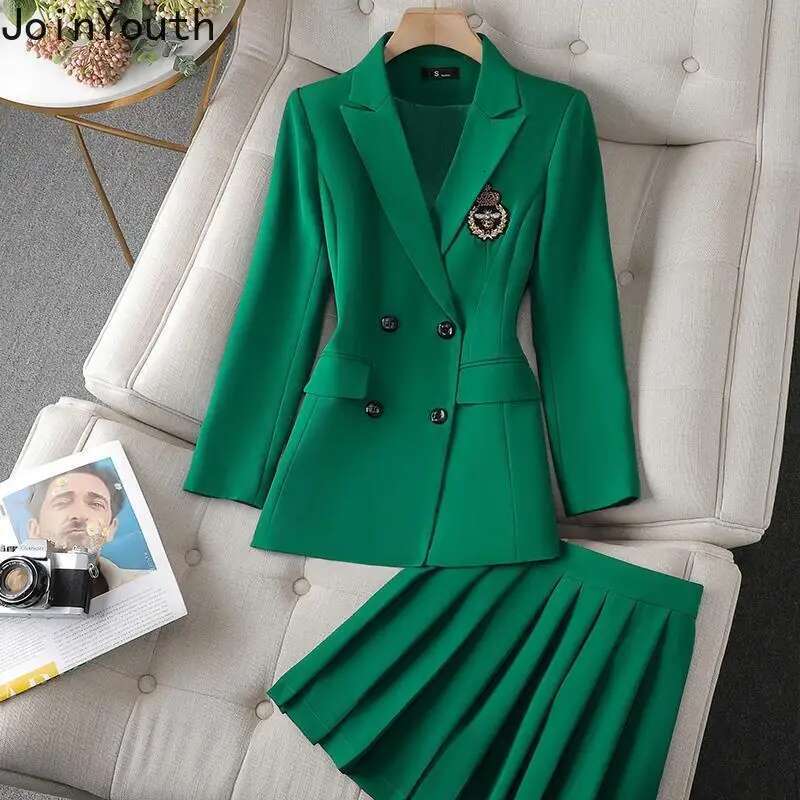 Temperament Skirt Outfits Korean Chic 2 Piece Set Womens Clothing Double-breasted Tunic Jackets High Waist Pleated Mini Skirts