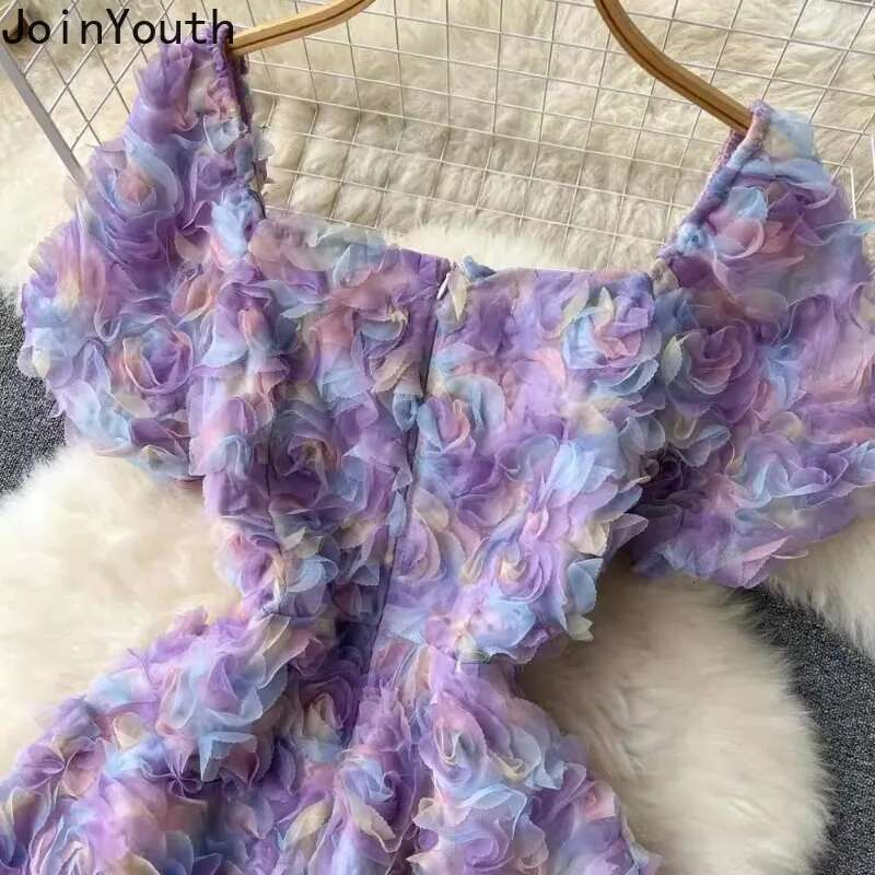 Woman Dress 2025 Vestidos De Mujer Puff Sleeve Square Collar A-line 3D Floral Temperament Robe Femme Sweet Summer Mini Dresses