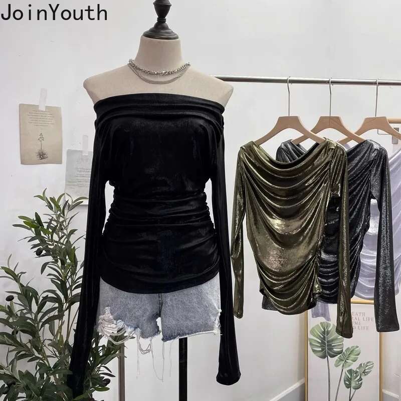 Temperament Tops Women Clothing Long Sleeve Slash Neck Tshirts Folds Slim Fit Camisetas 2025 Ropa Mujer Fashion Sexy T-shirts