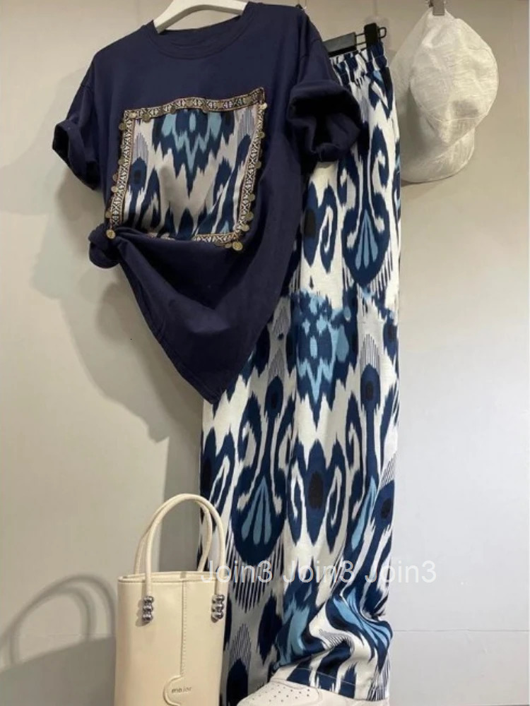 Summer Two Piece Set 2025 Women Clothing Print Short Sleeve Tshirts High Waist Chiffon Wide Leg Pants Outfits Casual Korean Suit