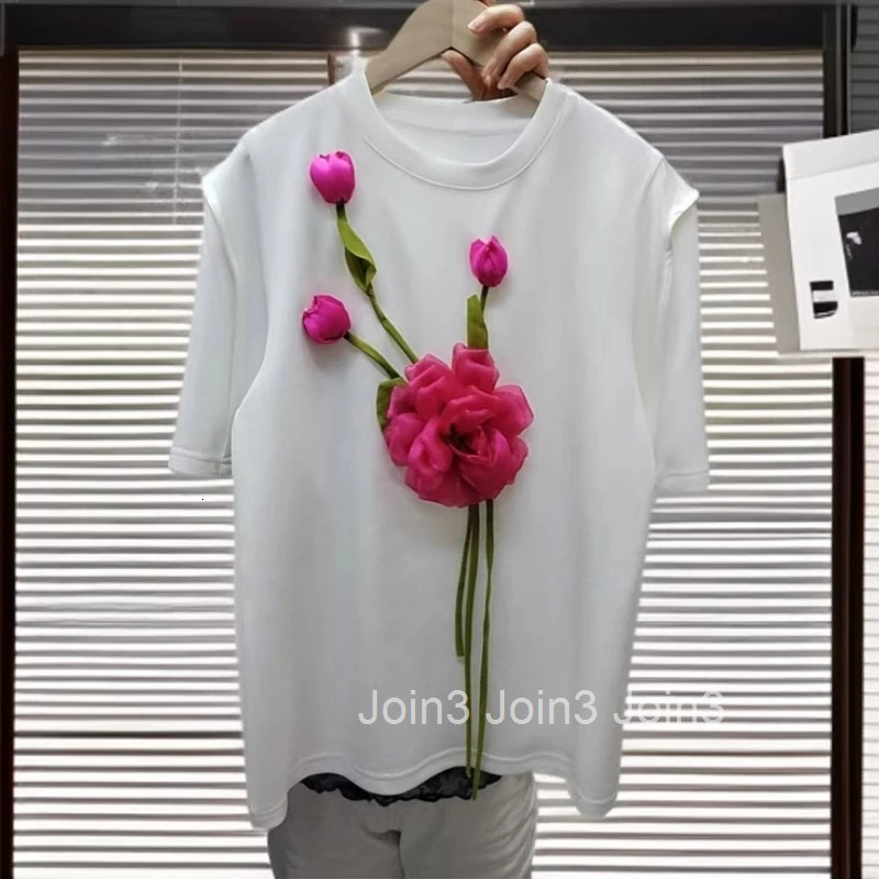 Chic 3D Floral T Shirts for Women 2025 Ropa Mujer Short Sleeve O-neck Camisetas Summer Tees Casual Sweet Loose White T-shirt
