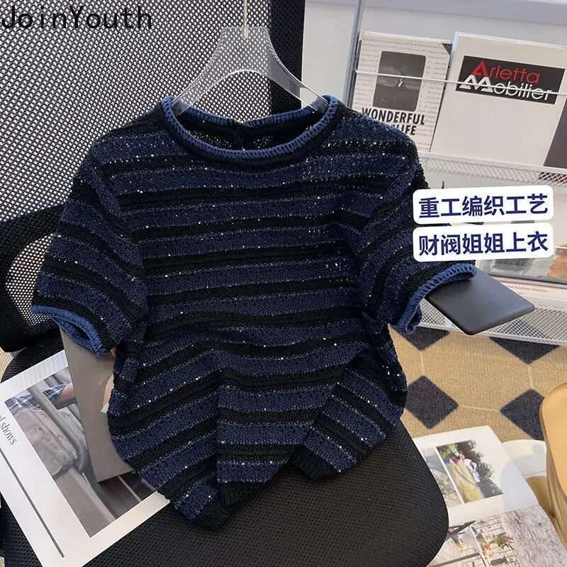 Shirts for Women Knit Tshirts 2025 Ropa Mujer Short Sleeve O-neck Striped T Shirts Y2k Tops Chic Casual Summer Tees Crop Top
